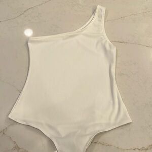 White one shoulder impeccable pig body suit, medium